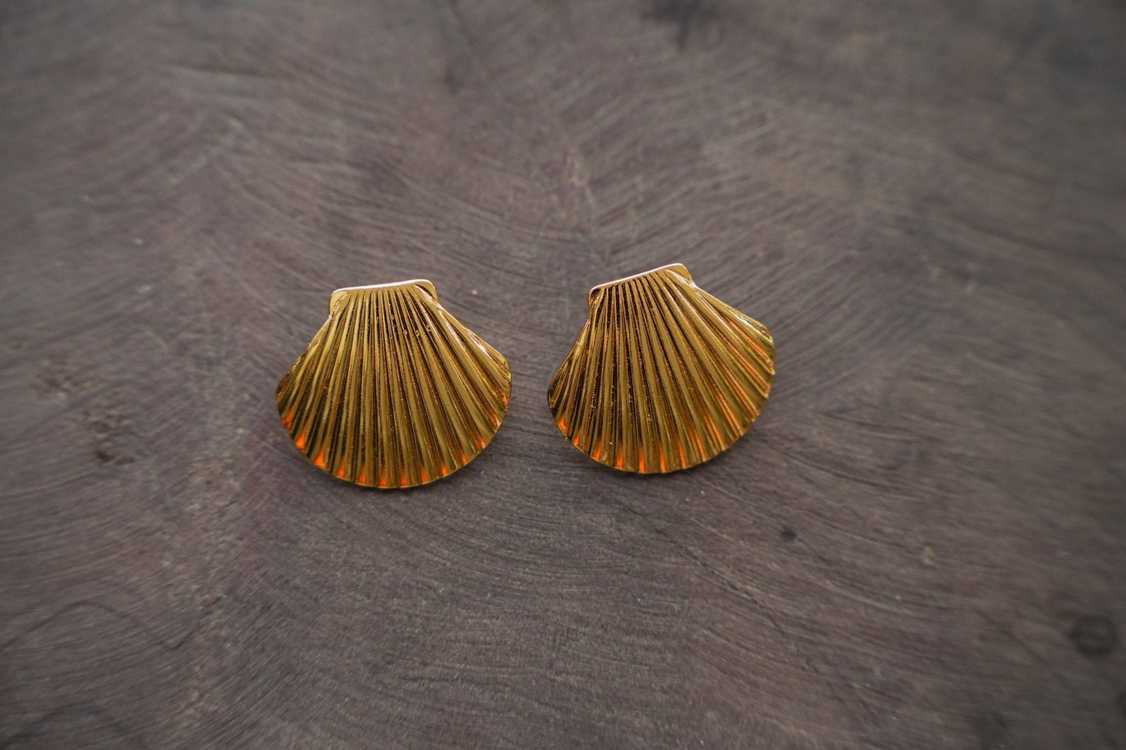 Boucles d’oreilles coquillage dorées posées sur du bois